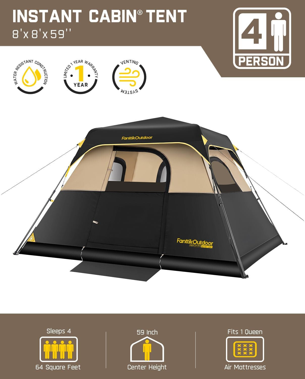 FanttikOutdoor Camping Tent 4 Person Instant Cabin Tent Setup in 60 Seconds